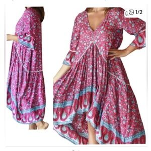 Aura the Label Women XXL Pink Blue Floral Boho Maxi Dress Handmade Bali New